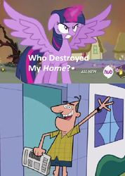 Size: 422x592 | Tagged: safe, twilight sparkle, alicorn, pony, g4, dinkleberg, dinkleberg thread, exploitable meme, female, hub logo, mare, meme, the fairly oddparents, twilight sparkle (alicorn), who destroyed twilight's home