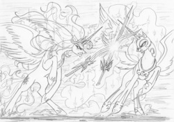 Size: 1300x917 | Tagged: safe, artist:leovictor, nightmare moon, nightmare star, princess celestia, oc, oc:nyx, g4, angry, disguise, fight, frown, glare, gritted teeth, lineart, magic, monochrome, raised hoof, rearing, spread wings, sword, telekinesis, weapon