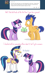 Size: 800x1300 | Tagged: safe, artist:dm29, flash sentry, shining armor, twilight sparkle, alicorn, pony, g4, ask, captain armor and guard sentry, female, magic, male, mare, present, scared, ship:flashlight, shipping, straight, tumblr, twilight sparkle (alicorn)