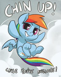 Size: 1191x1500 | Tagged: safe, artist:atryl, rainbow dash, pegasus, pony, g4, chibi, female, looking at you, positive ponies, smiling, solo, underhoof