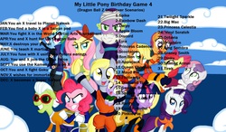 Size: 1664x970 | Tagged: safe, apple bloom, applejack, big macintosh, bon bon, braeburn, coco pommel, derpy hooves, diamond tiara, dinky hooves, discord, dj pon-3, fluttershy, granny smith, king sombra, lord tirek, lyra heartstrings, maud pie, octavia melody, pinkie pie, princess cadance, princess celestia, princess luna, queen chrysalis, rainbow dash, rarity, scootaloo, shining armor, spike, spitfire, sweetie belle, sweetie drops, twilight sparkle, vinyl scratch, g4, birthday game, crossover, dragon ball, dragon ball z, exploitable meme, meme, text