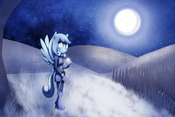 Size: 1920x1280 | Tagged: safe, artist:zedrin, oc, oc only, oc:snowdrop, equestria girls, g4, boots, cane, clothes, cute, equestria girls-ified, grass, jacket, moon, night, ocbetes, ponied up, scarf, shoes, smiling, snow, snowflake, solo, tree