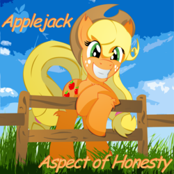 Size: 2500x2500 | Tagged: safe, artist:big-mac-a-brony, applejack, g4, element of honesty, female, fence, grin, high res, leaning, solo