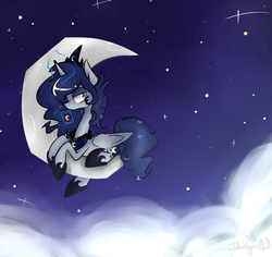 Size: 1800x1700 | Tagged: safe, artist:jankrys00, princess luna, alicorn, pony, lunadoodle, g4, crescent moon, cup, female, magic, moon, night, solo, tangible heavenly object, telekinesis, transparent moon