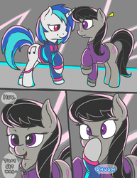 Size: 842x1089 | Tagged: safe, artist:fearingfun, dj pon-3, octavia melody, vinyl scratch, earth pony, pony, unicorn, comic:the beat goes on, g4, clothes, comic, exclamation point, explicit source, female, looking at each other, mare, open mouth