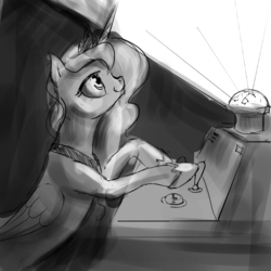 Size: 1280x1280 | Tagged: safe, artist:silfoe, princess luna, lunadoodle, g4, female, grayscale, monochrome, planetarium, solo