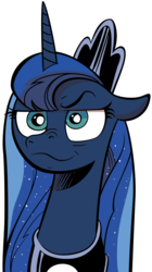Size: 1650x2950 | Tagged: safe, artist:andypriceart, edit, idw, princess luna, g4, spoiler:comic, faic, female, floppy ears, inverted mouth, nose wrinkle, simple background, smirk, solo, transparent background, vector