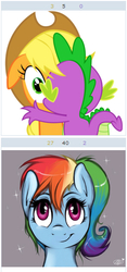 Size: 256x545 | Tagged: safe, applejack, rainbow dash, spike, derpibooru, g4, exploitable meme, juxtaposition, juxtaposition win, meme, meta