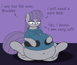 Size: 6400x5400 | Tagged: safe, artist:zeldafan777, boulder (g4), maud pie, g4, absurd resolution, adorafatty, belly, belly button, fat, female, maud pudge, morbidly obese, obese, overweight, rock, solo, stuffed, stuffed belly, stuffing, underhoof, weight gain