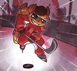 Size: 1500x1393 | Tagged: safe, artist:atryl, applejack, pony, semi-anthro, g4, 30 minute art challenge, arm hooves, bipedal, canada, canada day, female, helmet, hockey, hockey stick, ice skating, looking at you, puck, smiling, solo