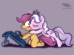 Size: 1600x1200 | Tagged: safe, artist:jcosneverexisted, diamond tiara, scootaloo, earth pony, pegasus, pony, g4, blushing, cheek kiss, female, kissing, lesbian, scooter, ship:scootiara, shipping, surprise kiss, wrench