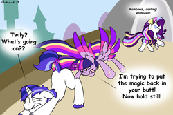 Size: 1170x780 | Tagged: safe, artist:strebiskunk, rarity, shining armor, twilight sparkle, alicorn, pony, unicorn, g4, twilight's kingdom, :p, blank flank, butt, colored wings, colored wingtips, confused, dialogue, empty eyes, eyes closed, face down ass up, female, floppy ears, frown, grin, imminent anal insertion, imminent insertion, lip bite, magic, male, mare, multicolored wings, plot, rainbow power, raised eyebrow, raised tail, scared, shiningabuse, smiling, speech bubble, spread wings, squee, stallion, tail pull, telekinesis, text, tongue out, twilight sparkle (alicorn), wat, wide eyes, wings