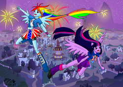 Size: 3508x2480 | Tagged: safe, artist:zakurarain, rainbow dash, twilight sparkle, equestria girls, g4, 4th of july, american independence day, belly button, clothes, fireworks, flying, high res, independence day, midriff, murica, ponied up, ponyville, skirt