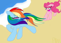 Size: 2056x1454 | Tagged: safe, artist:pokewarriormelodies, pinkie pie, rainbow dash, g4, beach, blushing