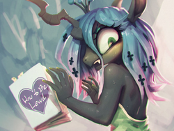 Size: 800x600 | Tagged: source needed, safe, artist:frali, edit, queen chrysalis, changeling, changeling queen, anthro, g4, book, caught, chromatic aberration, female, lewd, looking at you, looking back, nail polish, open mouth, pixiv, solo, sweat, wide eyes