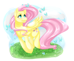 Size: 3000x2500 | Tagged: safe, artist:yellowstumps, fluttershy, butterfly, g4, female, grass, high res, solo