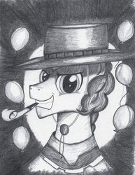 Size: 1024x1323 | Tagged: safe, artist:corvostawr, cheese sandwich, g4, balloon, hat, male, monochrome, portrait, solo, traditional art