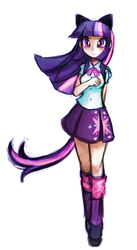 Size: 600x1094 | Tagged: safe, artist:lumineko, twilight sparkle, human, g4, backpack, blouse, boots, button-up shirt, clothes, equestria girls outfit, female, humanized, skirt, solo, tail, tailed humanization