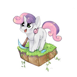 Size: 1024x1024 | Tagged: safe, artist:katemaximova, sweetie belle, pony, g4, blank flank, cute, diamond, diamond pickaxe, diasweetes, dirt cube, earth, female, filly, foal, gem, grass, happy, minecraft, open mouth, open smile, pickaxe, simple background, smiling, solo, white background