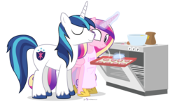 Size: 1100x650 | Tagged: safe, artist:dm29, princess cadance, shining armor, alicorn, pony, unicorn, g4, apron, baking, clothes, cookie, duo, female, magic, male, mare, oven, simple background, sniffing, stallion, transparent background