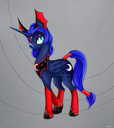 Size: 1600x1800 | Tagged: safe, artist:mcsadat, idw, princess luna, alicorn, pony, g4, reflections, spoiler:comic, evil counterpart, evil luna, female, hoof shoes, horn, horn ring, mare, mirror universe, peytral, solo, tail wrap