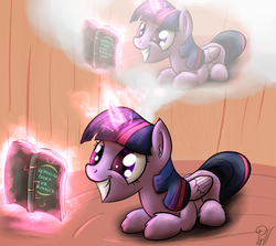 Size: 3360x3000 | Tagged: safe, artist:pirill, twilight sparkle, alicorn, pony, g4, book, daydream, female, fluffy, golden oaks library, grin, high res, inception, magic, mare, reading, recursion, smiling, solo, squee, that pony sure does love books, thinking, thought bubble, twilight sparkle (alicorn)
