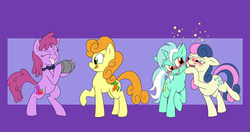 Size: 3289x1736 | Tagged: safe, artist:mickeymonster, berry punch, berryshine, bon bon, carrot top, golden harvest, lyra heartstrings, sweetie drops, earth pony, pony, g4, bipedal, blushing, drunk, eyes closed, female, go home you're drunk, grin, lesbian, licking lips, raised hoof, ship:lyrabon, shipping, smiling, standing, tongue out