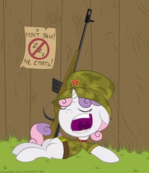 Size: 1321x1536 | Tagged: safe, artist:cogwheel98, sweetie belle, pony, unicorn, g4, clothes, female, gun, military, russian, sleeping, snoring, solo, soviet, uniform