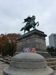 Size: 2736x3648 | Tagged: safe, artist:caliaponia, applejack, fluttershy, pinkie pie, rainbow dash, rarity, twilight sparkle, g4, high res, humans riding ponies, imperial palace, irl, japan, photo, ponies around the world, riding, samurai, statue, tokyo, toy