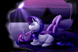 Size: 1144x770 | Tagged: safe, artist:the-chibster, rarity, twilight sparkle, alicorn, pony, g4, blank flank, female, fluffy, legs in air, lesbian, looking up, mare, moon, night, on back, ship:rarilight, shipping, smiling, twilight sparkle (alicorn), underhoof