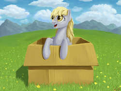 Size: 1200x900 | Tagged: safe, artist:ivg89, derpy hooves, pegasus, pony, g4, box, cute, female, field, leaning, mare, messy mane, open mouth, pony in a box, smiling, solo
