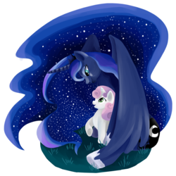 Size: 1000x1000 | Tagged: safe, artist:shivall, princess luna, sweetie belle, g4, duo, eye contact, open mouth, raised hoof, sitting, smiling, spread wings