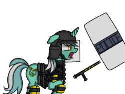 Size: 1280x960 | Tagged: safe, artist:blackbasscry, lyra heartstrings, pony, unicorn, g4, armor, clothes, female, helmet, mare, police, police officer, police uniform, riot gear, riot police, riot shield, shield, simple background, solo, swat, tactical police, tactical vest, tonfa, transparent background, vest