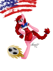 Size: 920x1227 | Tagged: safe, artist:maranora, oc, oc only, oc:cherryfiller, anthro, american flag, anthro oc, arm hooves, braid, clothes, football, grin, kicking, shorts, smirk, solo, united states, world cup