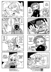 Size: 900x1270 | Tagged: safe, artist:shepherd0821, princess luna, rarity, silver spoon, sweetie belle, anthro, g4, 4koma, ambiguous facial structure, comic, freddy krueger, ginosaji, monochrome, nightmare on elm street, the horribly slow murderer with the extremely inefficient weapon, translation