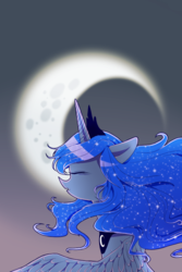 Size: 640x960 | Tagged: safe, artist:cosmichat, princess luna, g4, eyes closed, female, gradient background, moon, profile, solo, spread wings