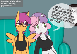 Size: 1280x907 | Tagged: safe, artist:somescrub, scootaloo, sweetie belle, anthro, ask nudist sweetie belle, g4, glasses, older