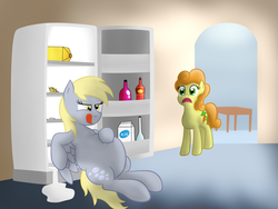 Size: 1280x960 | Tagged: safe, artist:8aerondight8, carrot top, derpy hooves, golden harvest, earth pony, pegasus, pony, g4, aderpose, belly, belly squish, chubby, duo, duo female, fat, female, hoof on belly, i emptied your fridge, licking, licking lips, mare, milk, open mouth, refrigerator, shocked, stuffed, tongue out