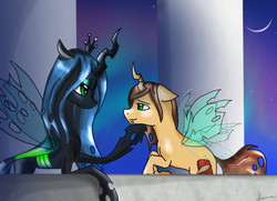 Size: 916x663 | Tagged: dead source, safe, artist:queennyra, queen chrysalis, oc, oc:poisoned soul, changeling, changeling queen, g4, canon x oc, changelingified, chrysalislover, female, shipping