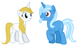 Size: 2828x1677 | Tagged: safe, artist:mrbrandonmac, prince blueblood, trixie, pony, unicorn, g4, female, male, mare, princess bluebelle, rule 63, ship:bluetrix, ship:trisbelle, shipping, simple background, stallion, straight, tail, transparent background, tristan, vector