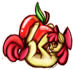 Size: 2550x2441 | Tagged: safe, artist:blindcoyote, apple bloom, earth pony, pony, g4, apple, female, filly, foal, food, giant apple, high res, simple background, solo, transparent background