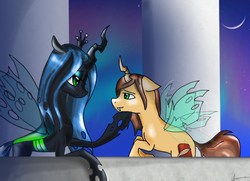 Size: 916x663 | Tagged: safe, artist:queennyra, queen chrysalis, oc, oc:poisoned soul, g4, canon x oc, changelingified, chrysalislover, shipping