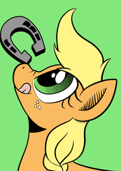 Size: 826x1169 | Tagged: safe, artist:darkhestur, applejack, earth pony, pony, g4, balancing, color, female, green background, horseshoes, ponies balancing stuff on their nose, silly, silly pony, simple background, solo, tongue out