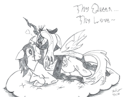 Size: 3800x3000 | Tagged: safe, artist:mark-terron, queen chrysalis, oc, oc:poisoned soul, g4, bed, canon x oc, changelingified, chrysalislover, high res, monochrome, shipping