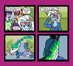 Size: 1338x1208 | Tagged: safe, artist:oneovertwo, queen chrysalis, sunset shimmer, trixie, twilight sparkle, comic:trixie enemy of, comic:trixie enemy of a rare situation, equestria girls, g4, comic, face taker, luchador
