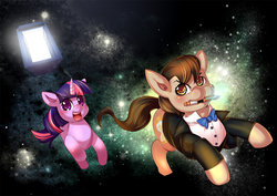 Size: 1024x723 | Tagged: safe, artist:bakki, doctor whooves, time turner, twilight sparkle, g4, adventures of doctor whooves, doctor who, sonic screwdriver, tardis, the doctor