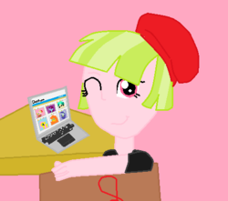 Size: 467x412 | Tagged: safe, artist:berrypunchrules, drama letter, fluttershy, golden hazel, mystery mint, tennis match, watermelody, derpibooru, equestria girls, g4, background human, beret, chair, computer, ms paint, wink