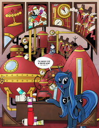 Size: 1600x2073 | Tagged: safe, artist:muffinexplosion, princess luna, tiberius, g4, bloodshot eyes, coffee, dilated pupils, donut, engineering, female, food, girl genius, i can't believe it's not idw, looking at you, luna found the coffee, machine, parody, sleep deprivation, solo, speech bubble