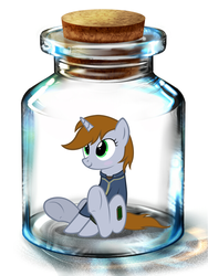 Size: 600x800 | Tagged: safe, artist:songbreeze741, oc, oc only, oc:littlepip, pony, unicorn, fallout equestria, bottle, clothes, cutie mark, fallout, fanfic, fanfic art, female, hooves, horn, jar, jumpsuit, mare, pipbuck, pony in a bottle, show accurate, simple background, sitting, smiling, solo, vault suit, white background