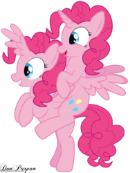 Size: 4500x6000 | Tagged: safe, artist:waveywaves, pinkie pie, alicorn, pony, g4, absurd resolution, alicron, duo, lol, pinkiecorn, ponies riding ponies, race swap, reverse alicorn, riding, self riding, simple background, smiling, wat, what has science done, wtf, xk-class end-of-the-world scenario